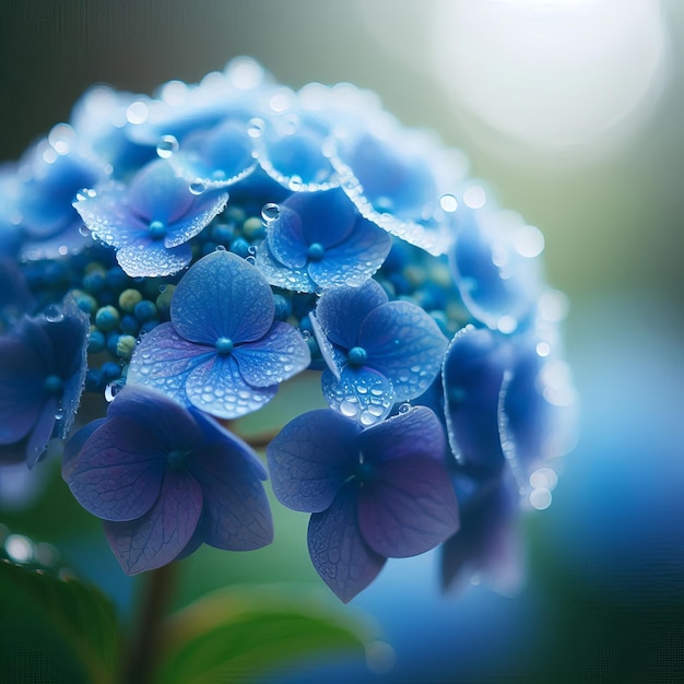 A macro shot of a blue hydrangea cluster