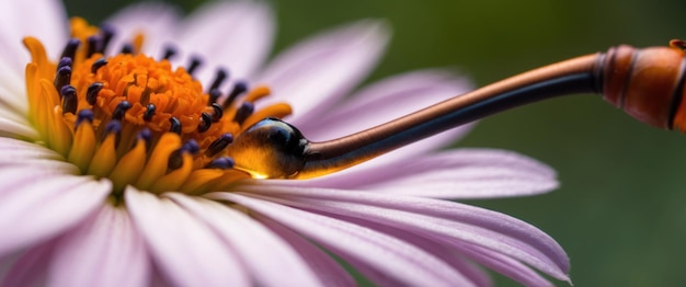 Photo macro shot of a butterflys proboscis unfurling to feed on a vibrant flower