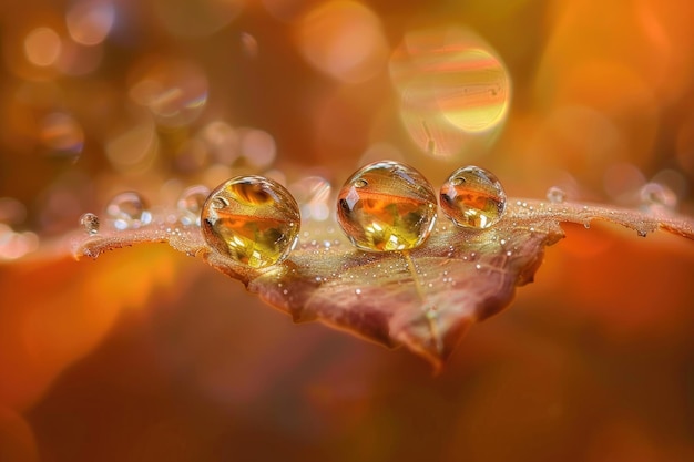 Macro shot capturing the dance of dewdrops on leaves