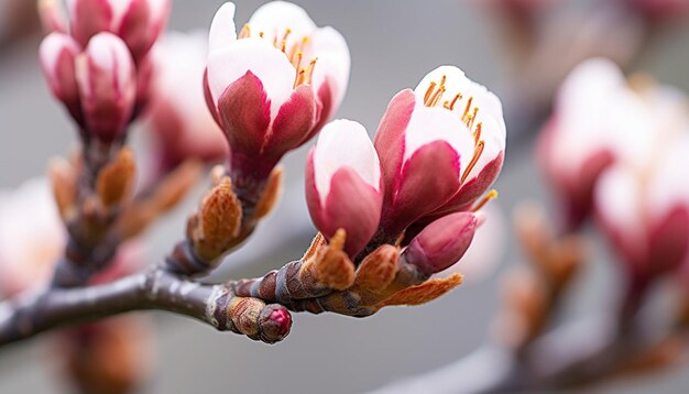 A macro shot capturing the intricate details of cherry blossom buds just about to bloom