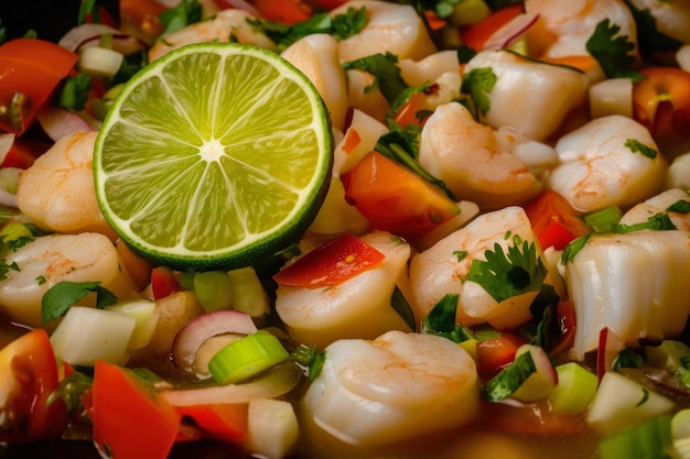 Macro shot of Ceviche with fresh scallops and shrimp mixed in a tangy lime and lemon juice marinade