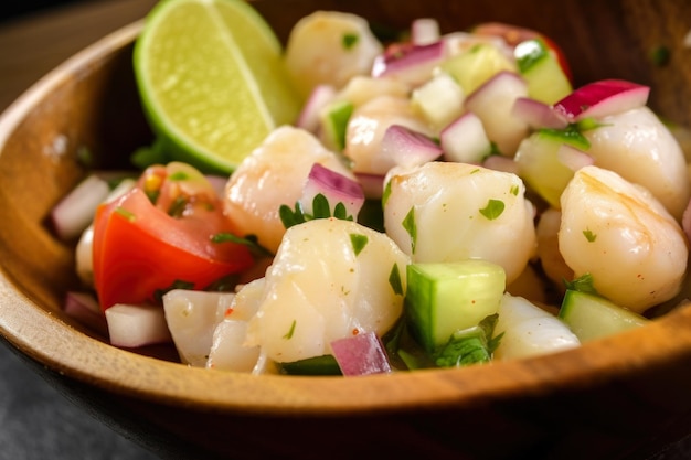 Macro shot of Ceviche with fresh scallops and shrimp mixed in a tangy lime and lemon juice marinade