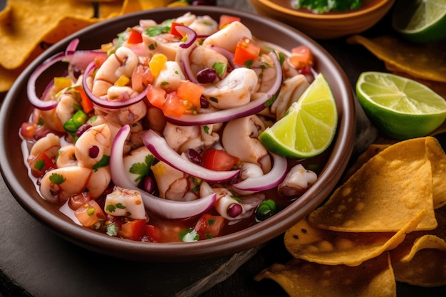 Macro shot of Ceviche with a variety of fresh seafood including octopus and squid