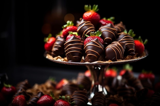 Macro shot of chocolate covered strawberries arranged in a heart shaped box