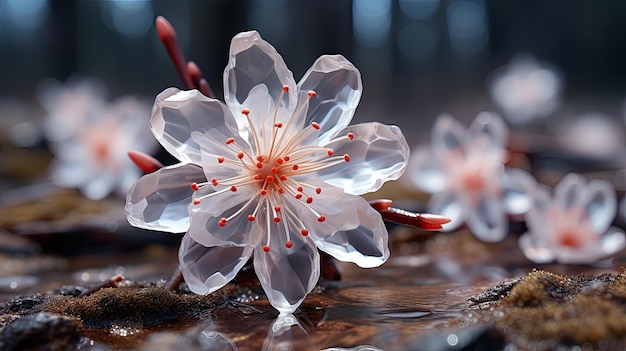 A macro shot of a cluster of blossoms with a butterfly at its center surrounded by a fuzzy backdrop