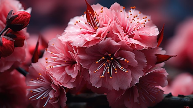 A macro shot of a cluster of blossoms with a butterfly at its center surrounded by a fuzzy backdrop