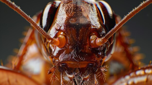 Macro shot of a cockroach head staring with detailed antennae and complex eyes