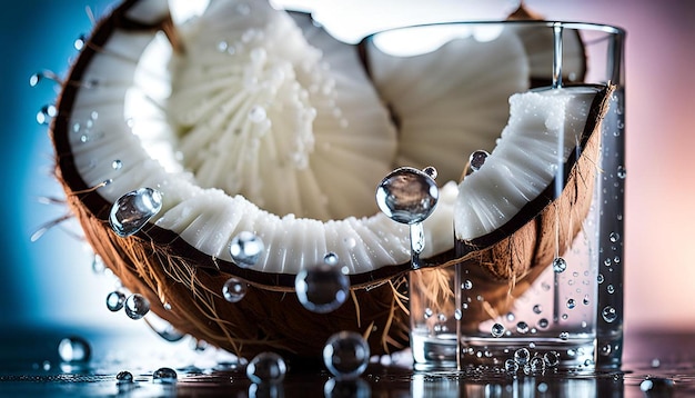 Photo macro shot of coconut water droplets on the surface of a glass filled with ice