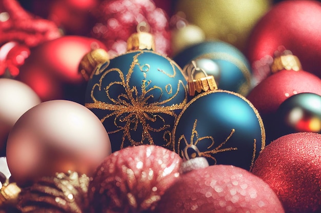 Macro shot of colorful Christmas Ornaments Pile of Christmas festive decorations stock photo