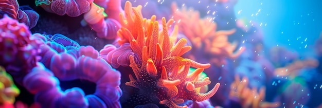 Macro shot of a colorful coral reef capturing the vibrant hues and intricate structures of the underwater ecosystem Generative AI