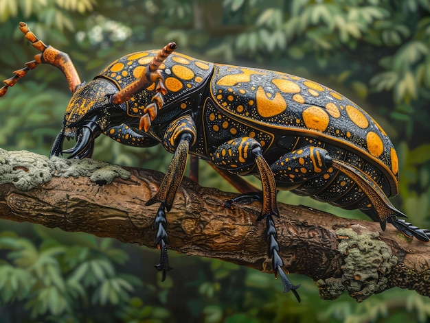 Macro Shot of a Colorful Polka Dot Beetle Crawling on a Branch in a Lush Green Habitat