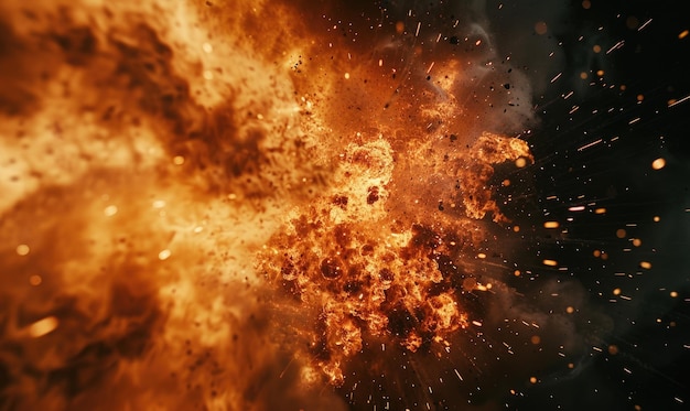 Photo macro shot of a controlled explosion capturing the intricate details of flames and sparks against a black backdrop