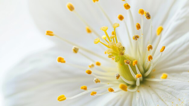 Macro shot of a delicate white flower with vibrant yellow stamens in full bloom