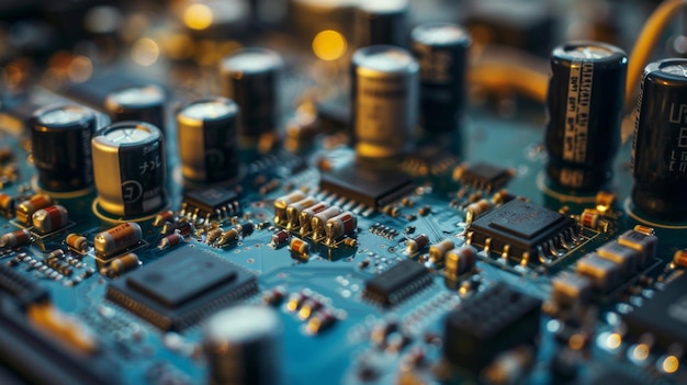 Macro shot of a dense electronic circuit board with various components and connectors