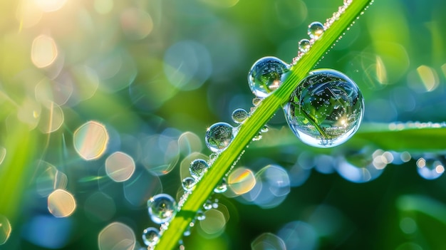 Photo macro shot of dew drops on grass capturing the intricate details and reflections within each droplet