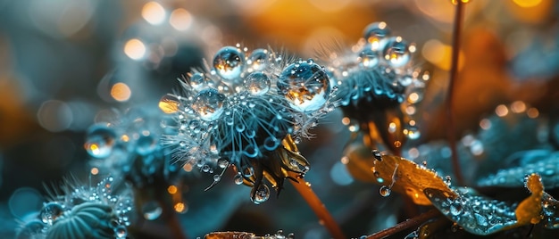 Macro shot of dewcovered dandelions backlit by the warm glow of the sunrise creating a bokeh effect