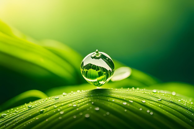 Macro shot of a dewdrop on a green leaf