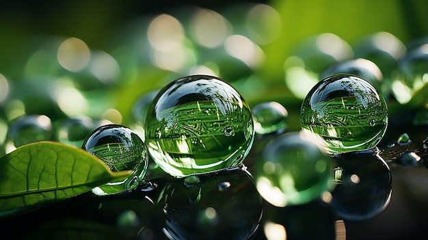 Macro Shot Dewdrops on Sunlit Green Grass