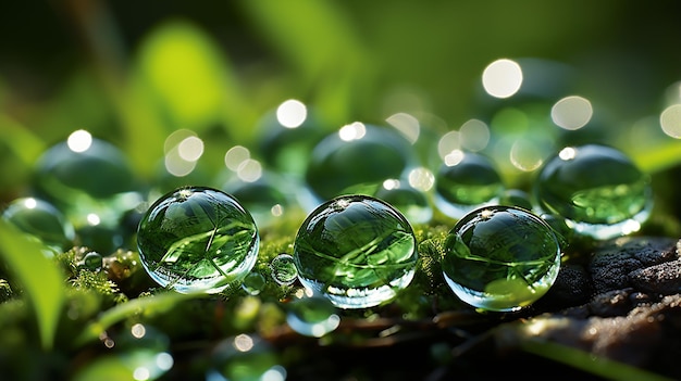 Macro Shot Dewdrops on Sunlit Green Grass