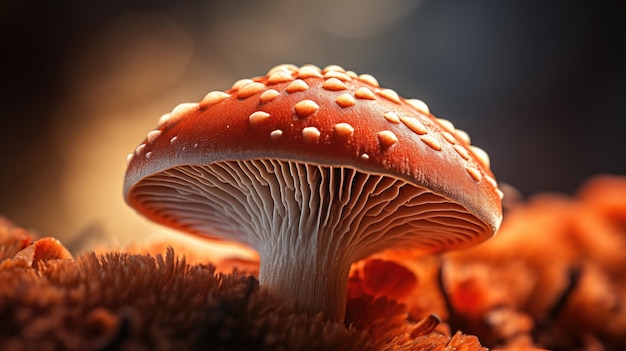 Macro shot emphasizing the texture and color of a mushroom cap Generative AI