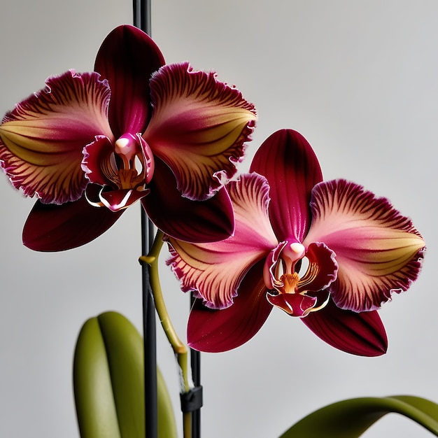 A macro shot of an exotic orchid with deep red petals and a subtle gradient