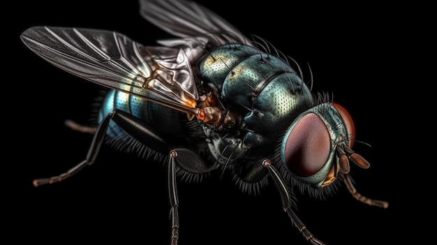 Macro shot of a fly isolated on black background with clipping pathgenerative ai