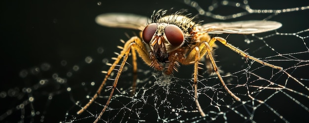 Photo macro shot of a fly trapped in a spiders web showcasing intricate details and textures of insect