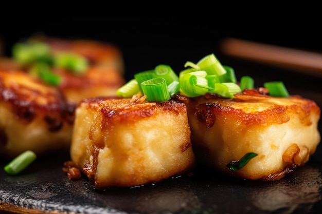 Macro shot of fried turnip cake with soy sauce and scallions