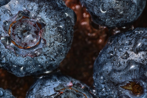 Macro shot from above of a group of blueberries with water droplets on rough surface out of focus