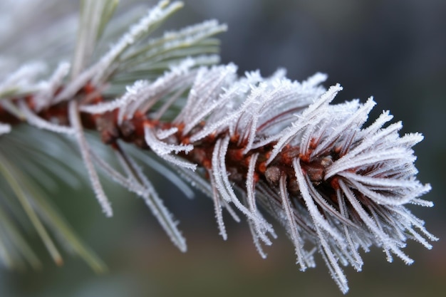 Macro shot of frostcovered pine needles on branch created with generative ai