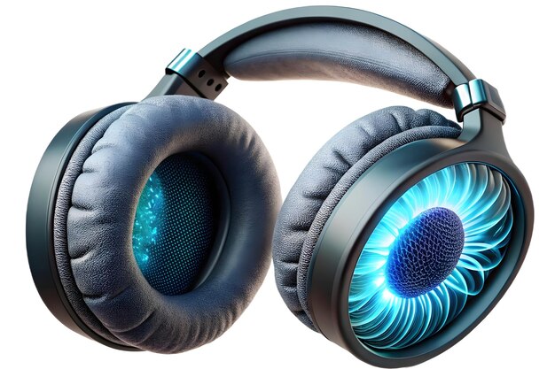 Photo macro shot of futuristic earmuffs with glowing fiber technology highlights intricate design and high