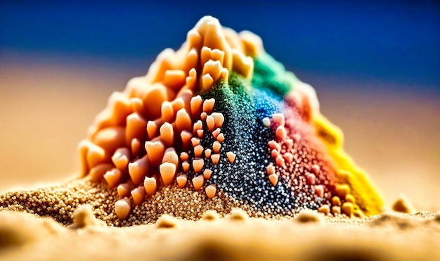 A macro shot of a grain of sand showcasing its different colors and shapes taken at the beach or desert