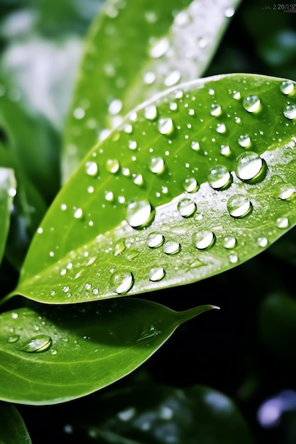 Macro shot of green leaves with water droplets dew or rain drop on them Green leaf nature forest