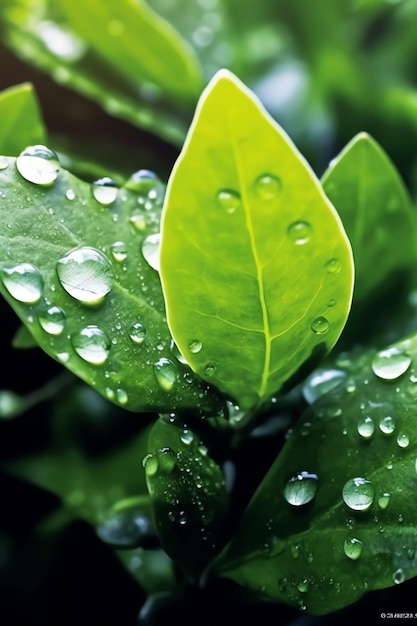 Macro shot of green leaves with water droplets dew or rain drop on them Green leaf nature forest