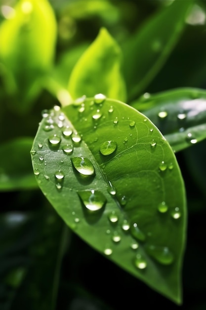 Macro shot of green leaves with water droplets dew or rain drop on them Green leaf nature forest