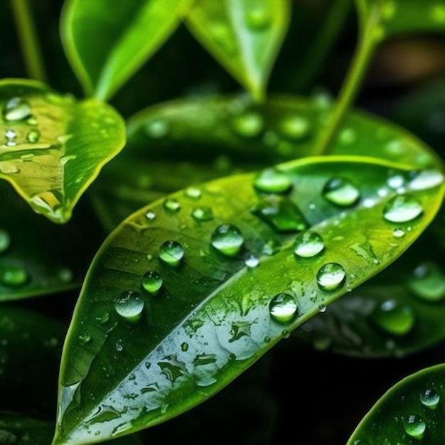 Macro shot of green leaves with water droplets dew or rain drop on them Green leaf nature forest