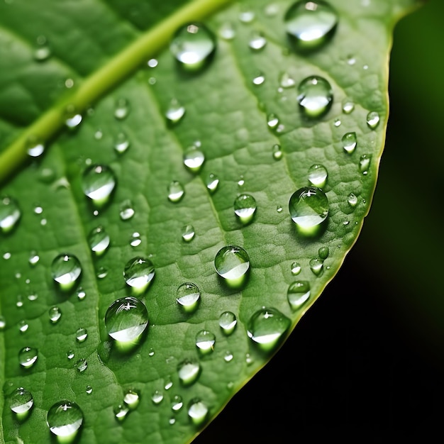 Macro shot of green leaves with water droplets dew or rain drop on them Green leaf nature forest