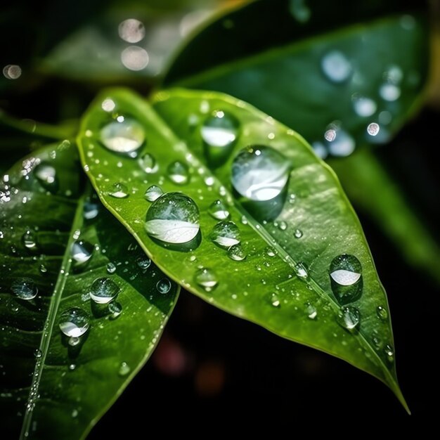 Macro shot of green leaves with water droplets dew or rain drop on them Green leaf nature forest