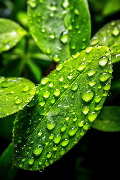 Macro shot of green leaves with water droplets dew or rain drop on them Green leaf nature forest