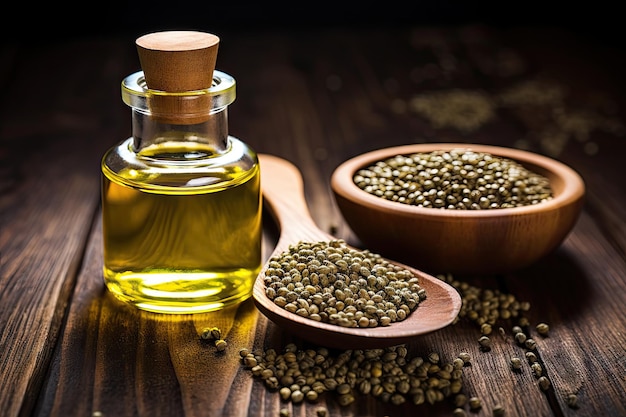 Macro shot of hemp seeds oil on table Hemp seeds in spoon essential oil in bottle Space for text Blu