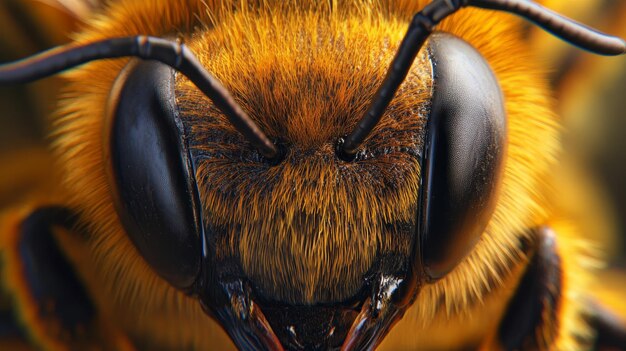 Photo a macro shot of a honey bees face showcasing its intricate details fuzzy texture and compou