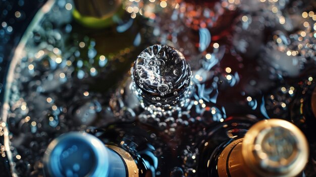 Photo a macro shot of ice cubes in a wine cooler slowly melting and cooling the bottles within