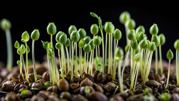 Photo macro shot of lentil sprouts highlighting their tiny green leaves against a dark background