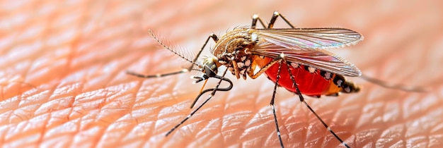 Photo macro shot of mosquito on skin against white backdrop with ample space for text placement