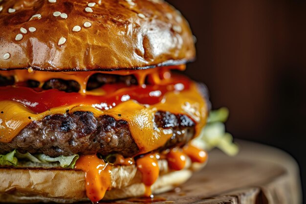 Macro shot of a mouthwatering cheeseburger with melted cheese ketchup and a toasted sesame seed bun