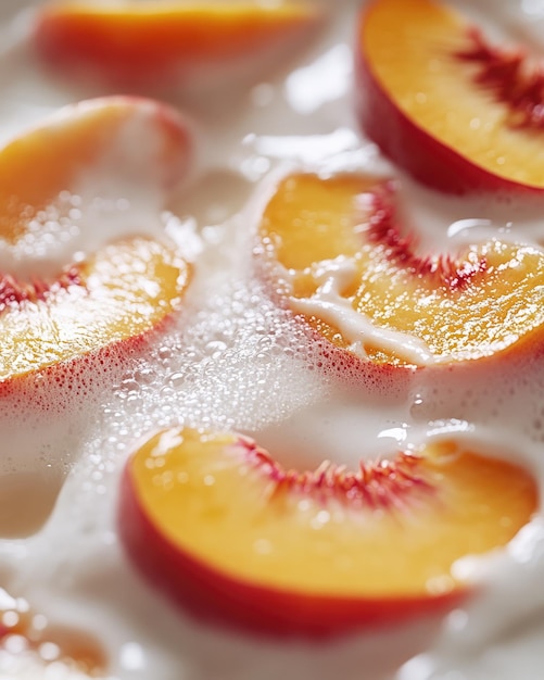 Macro Shot of Peach Slices in Yogurt