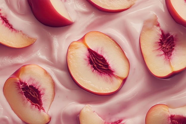 Macro Shot of Peach Slices in Yogurt