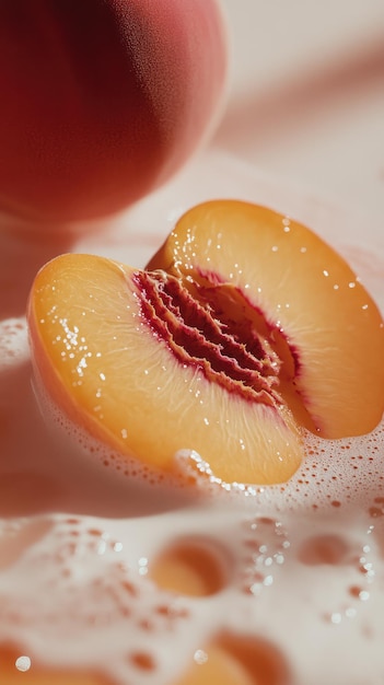 Macro Shot of Peach Slices in Yogurt