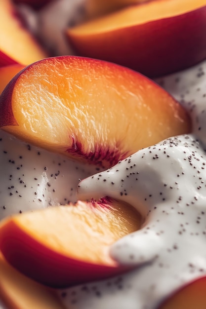 Macro Shot of Peach Slices in Yogurt