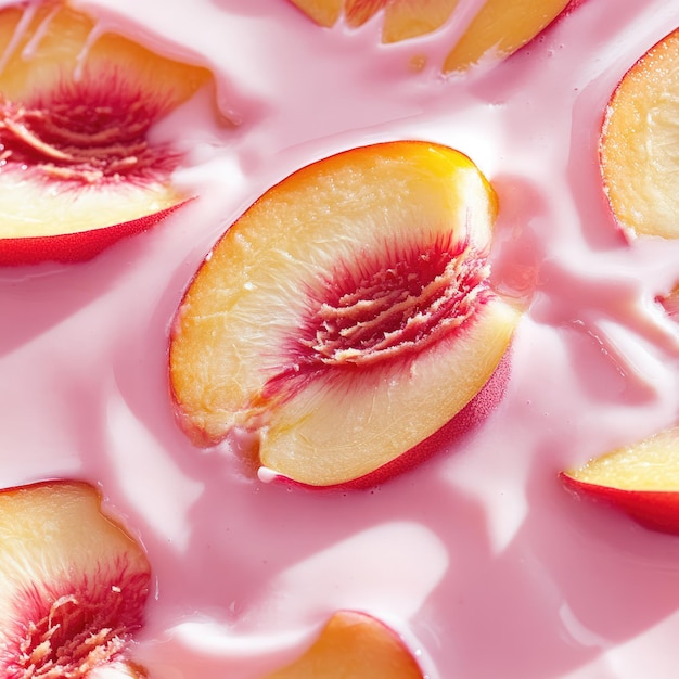 Photo macro shot of peach slices in yogurt